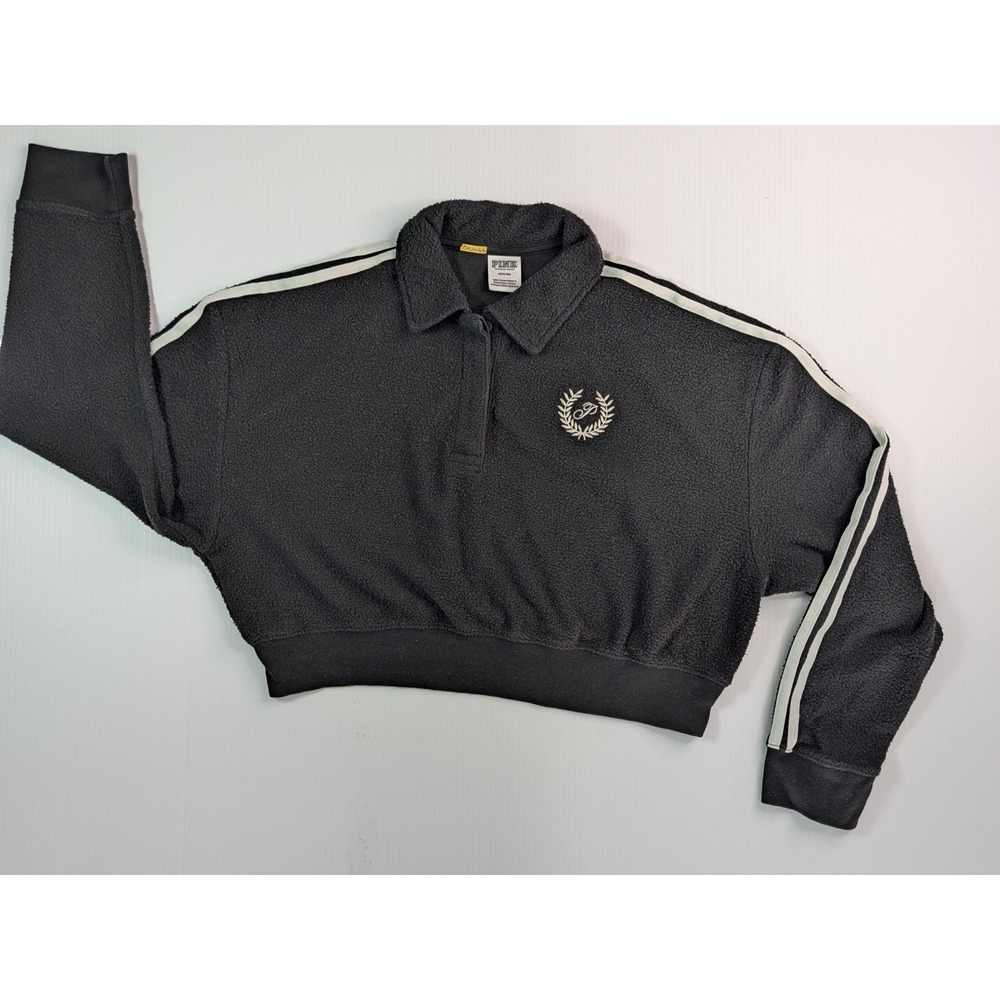 PINK Victoria's Secret Black Sherpa Cropped Polo Sweatshirt Medium‎ Stripe Crest